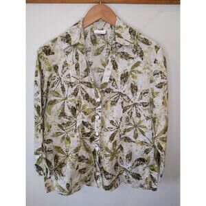 Harvé Benard Linen Cotton Botanical Print Shirt Womens L Green White Button Down